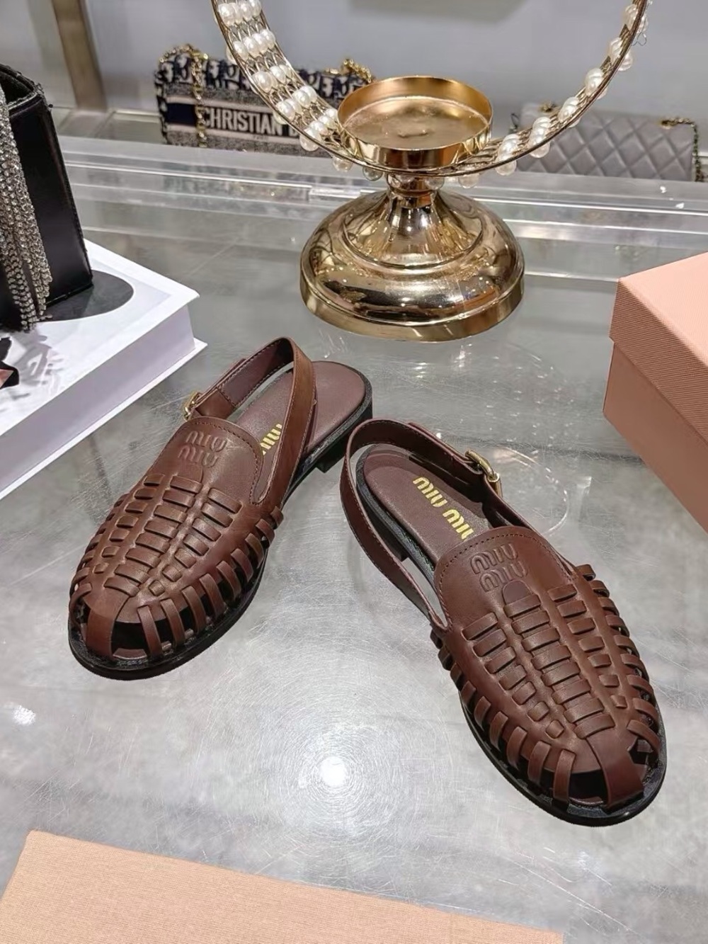 Miu Miu Brown Woven Leather Slingback Sandals - Picture 7 of 7
